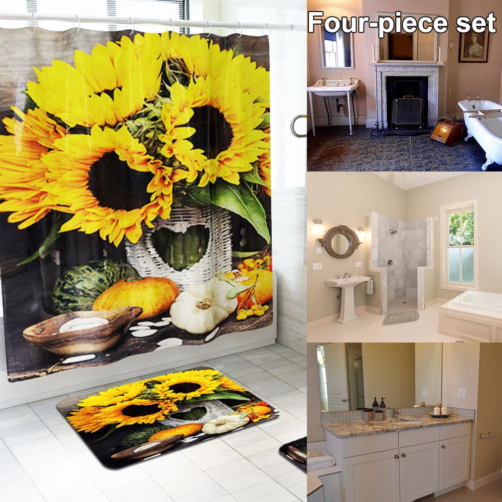 Sunflower print blackout shower curtain ground mat toilet anti-skid suction carpet four-piece suit Home Decorations gift | Дом и сад