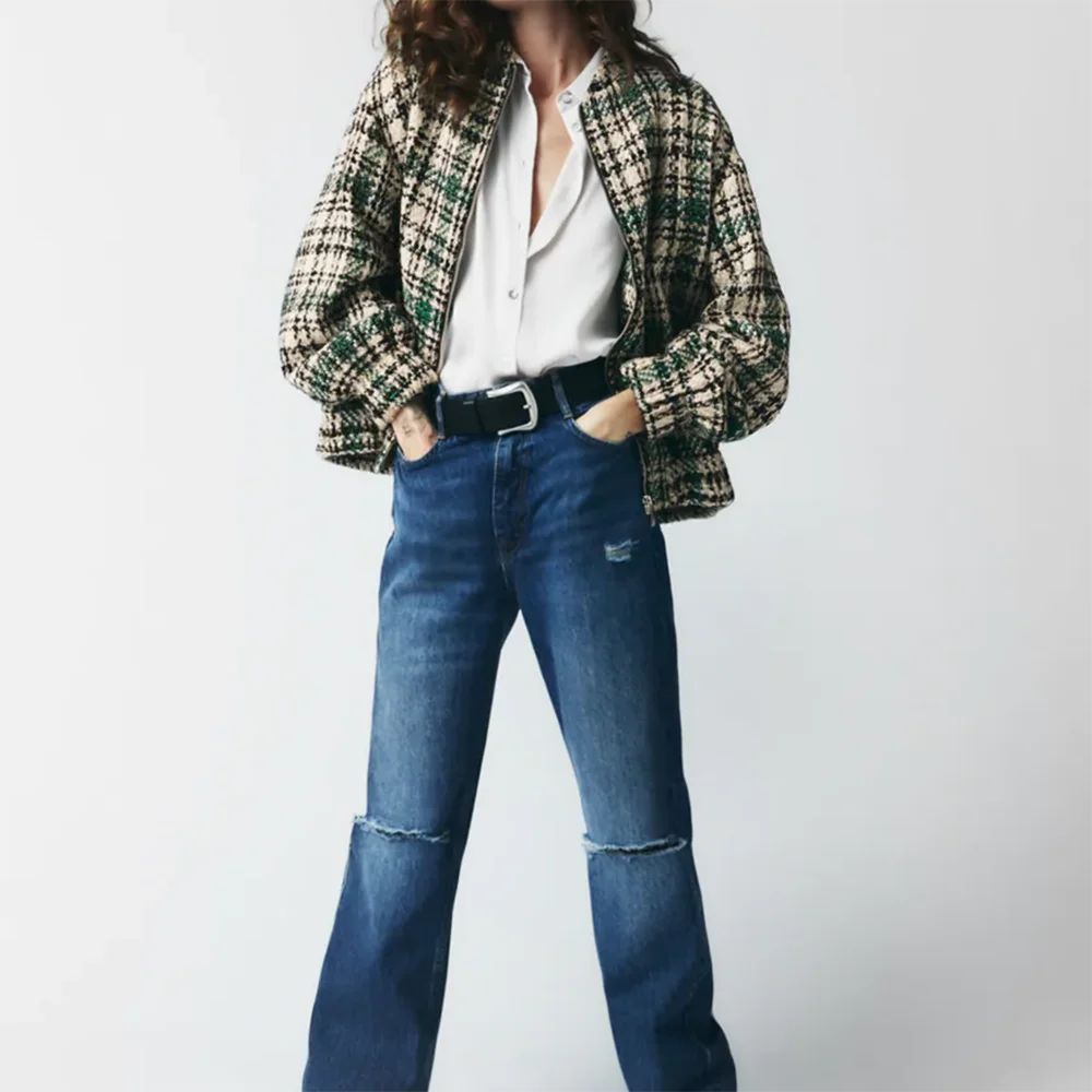 Женская твидовая куртка-бомбер XIKOM осенняя клетчатая текстурированная с длинным