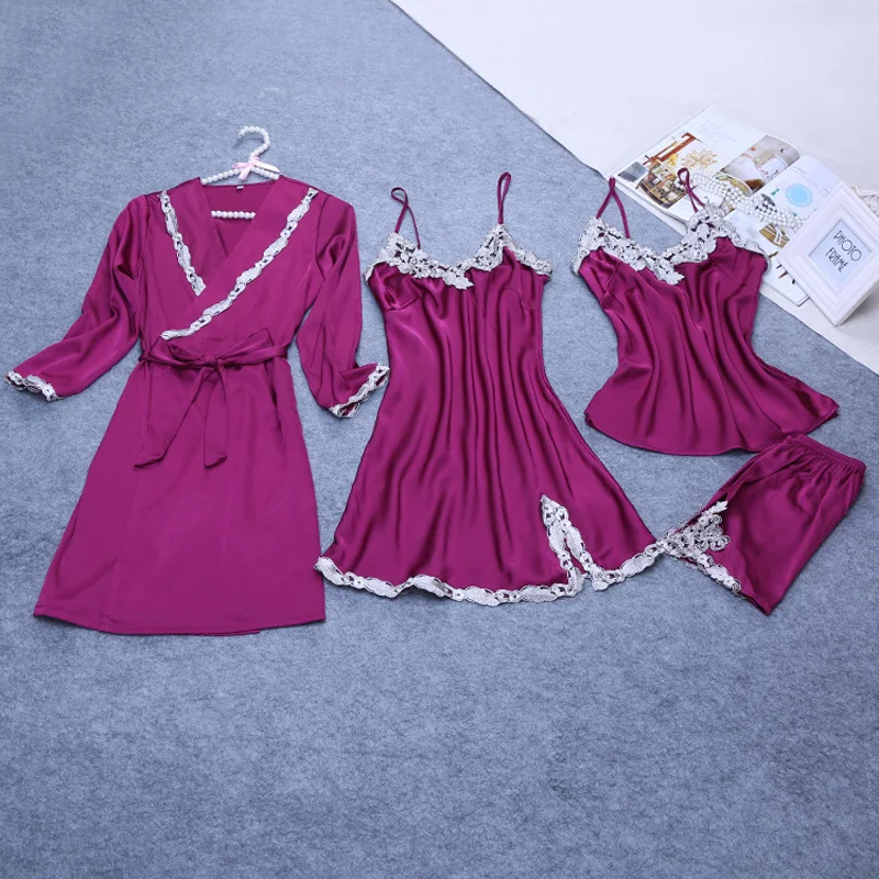 

Sexy Women Lace Pajama Set 4PCS V-Neck Backless Sleep Wear Strap Top&Shorts Loose Summer Sleep Set Faux Silk Home Clothing