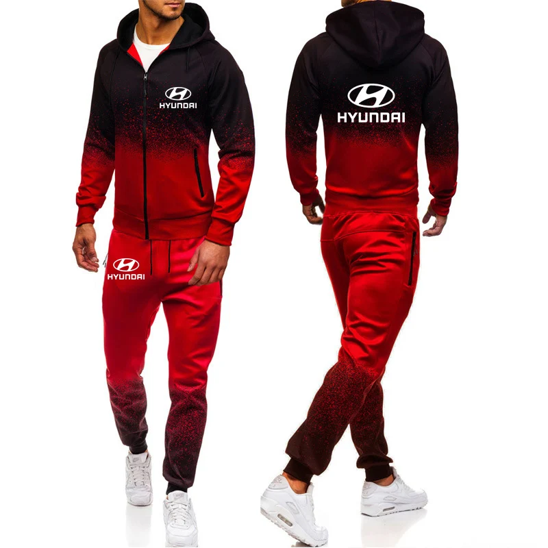 

2021 High Quality New Gradient Tracksuit Suit Hyundai Car Logo Spring Autumn Casual Gradient Cotton Men jacket hoodie pants suit