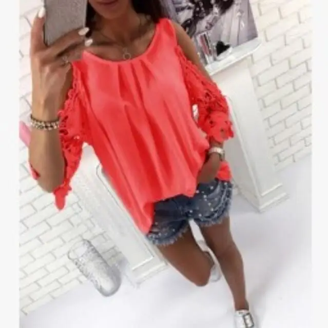 

2021 Sexy Women Summer Lace Off Shoulder Ruffles Chiffon Tops Tees Plus Sizes Short Sleeve Casual Femme Blouse Shirt Befree Boho