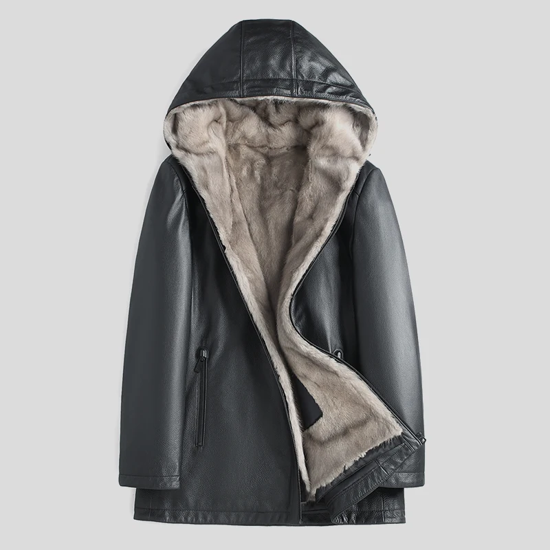 

Winter Hooded Genuine Cowhide Leather Jacket Men's Warm Mink Fur Liner Jacket Male Black Leather Jackets Veste Homme Luxe SQQ921