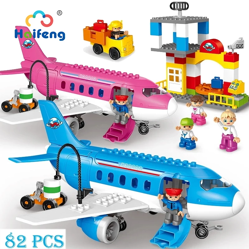 

Big Size Building Blocks Bricks Airplane Series Model Compatible With DuploINGly Busy City Pink Blue Airport Assemble Toy Gift