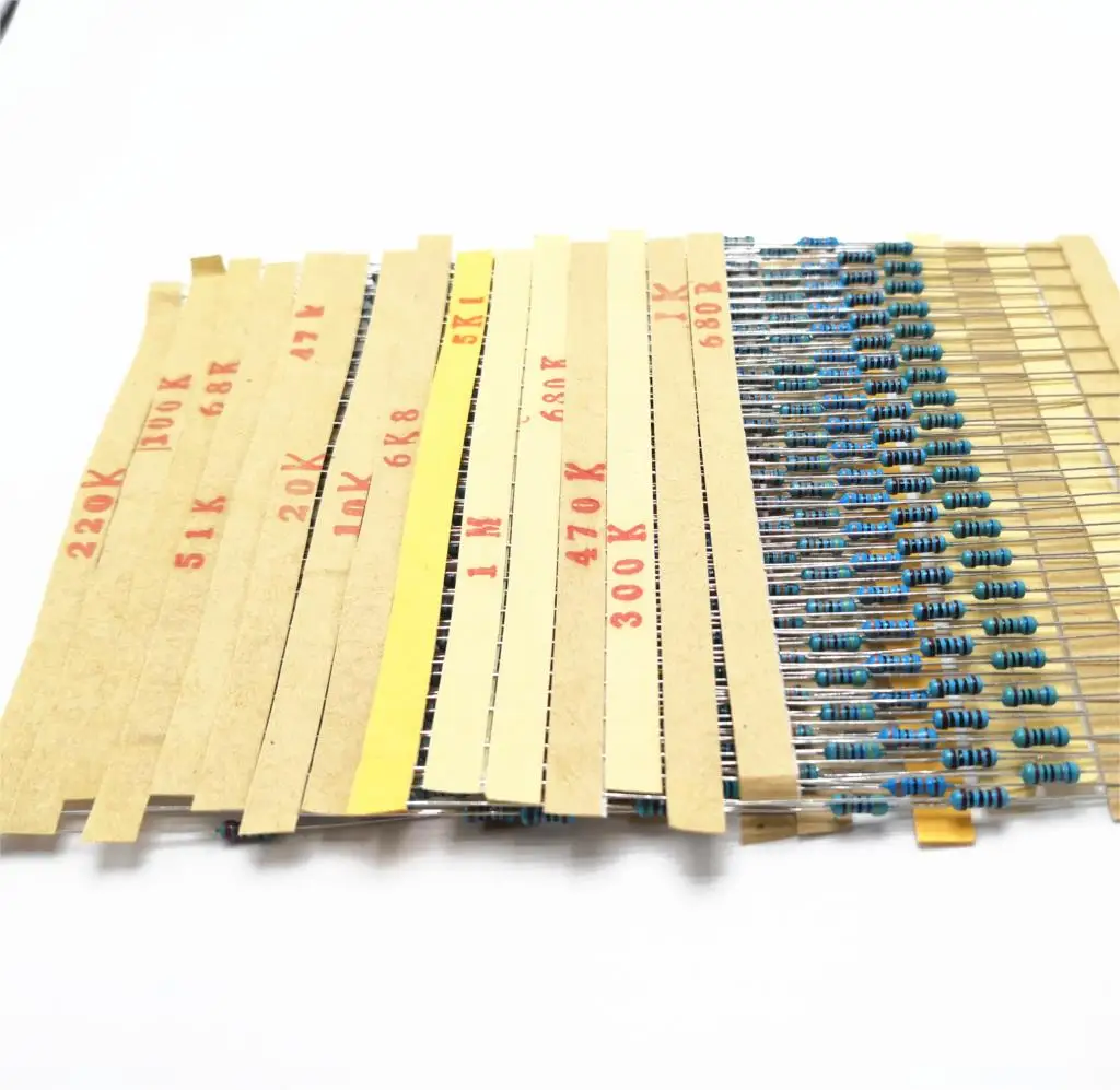600pcs/lot 30Values* 20pcs 1% 1/4 W resistor pack set diy Metal Film Resistor kit use colored ring resistance (10 ohms~1 M ohm) |
