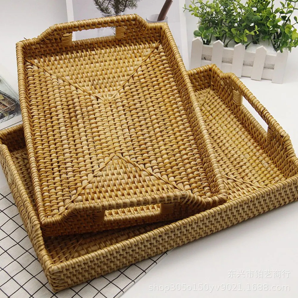 

Hand-Woven Storage Basket Rattan Storage Tray Wicker Baskets Bread Fruit Food Breakfast Display Box Handicrafts Home Decoration