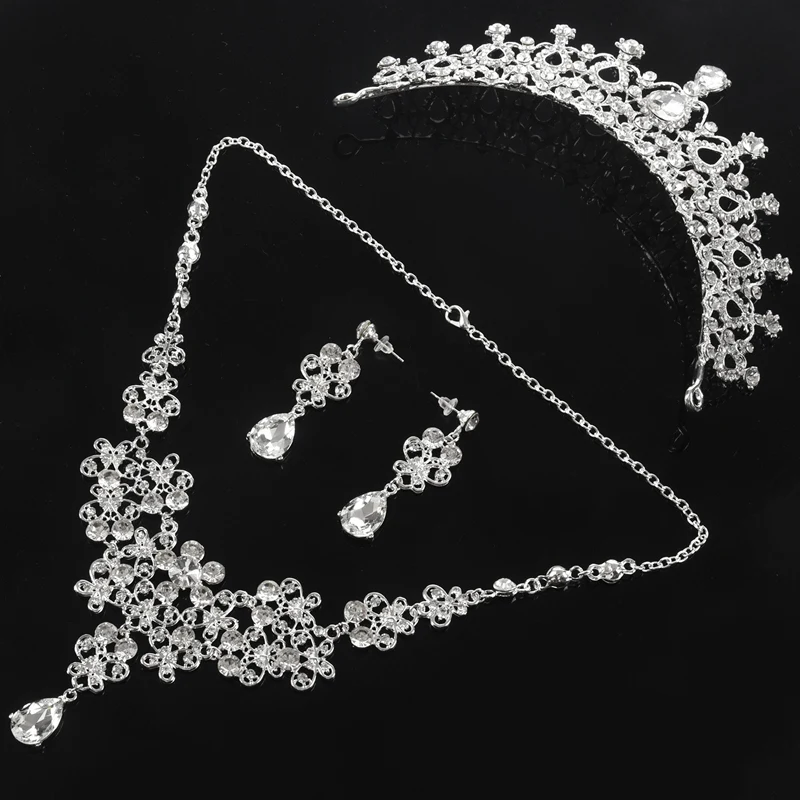 

3Pcs Rhinestone Crystal Bridal Jewelry Sets Necklaces Earrings Tiaras Sets Beads Jewelry Sets Wedding Engagement Jewelry