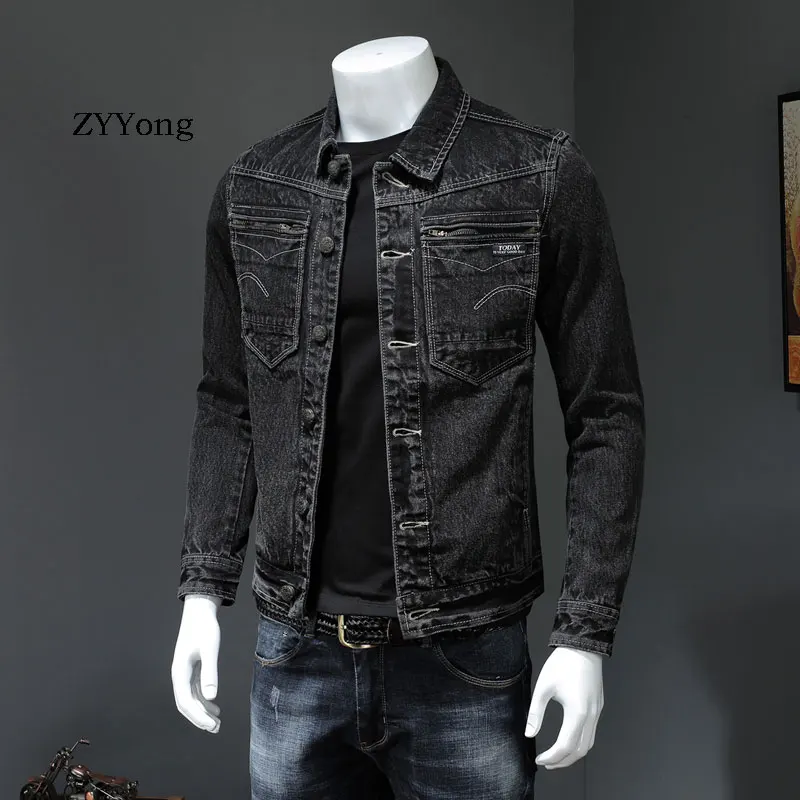 Мужская приталенная джинсовая куртка ZYYong черная в стиле ретро Повседневная