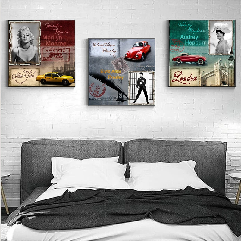 Famous Women Audrey Hepburn Wall Art Marilyn Monroe and Elvis Aron Car Canvas Painting Prints And Posters Ladies Room Décor | Дом и сад