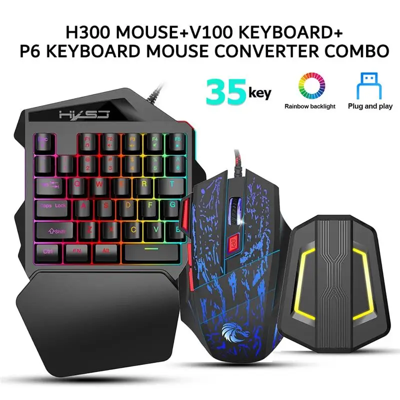 

H300 Ergonomic Wired Gaming Mouse Set V100 35 Keys Single-Hand Game Keyboard P6 Portable Keypad Mouse Converter Combo