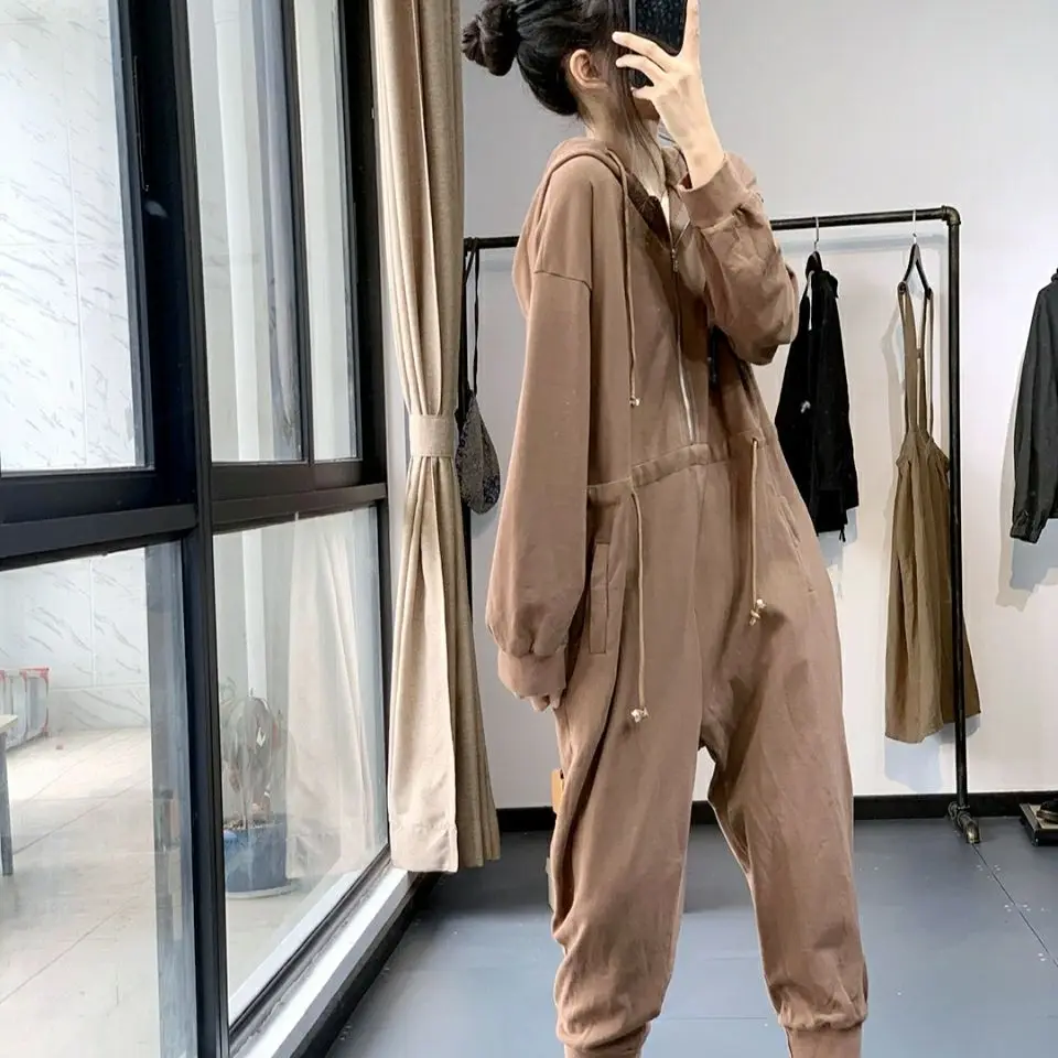Women Harem Jumpsuit Autumn Winter Japanese Style Loose Drawstring Long Sleeve Hooded Sweatshirt Cotton Casual Jumpsuit Women