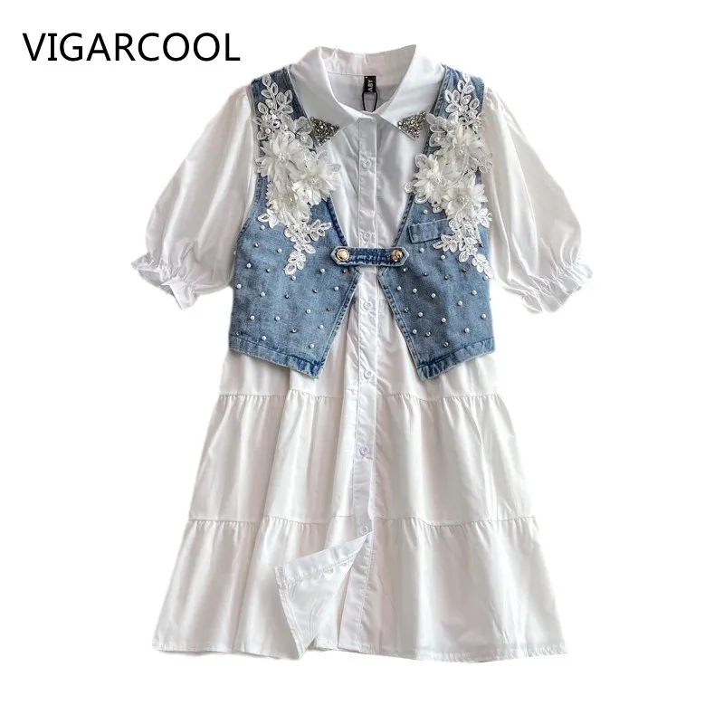 

White dress Suit Female French sweet age-reducing white shirt Dress + heavy industry embroidery flower beaded denim vest Suit