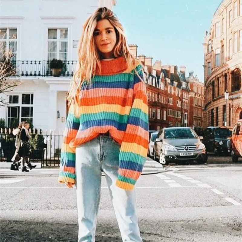 Rainbow Stripe Turtleneck Sweater Women Pullovers 2019 Autumn Winter Warm Knitted Jumpers Loose Oversized Colorful Sweaters | Женская
