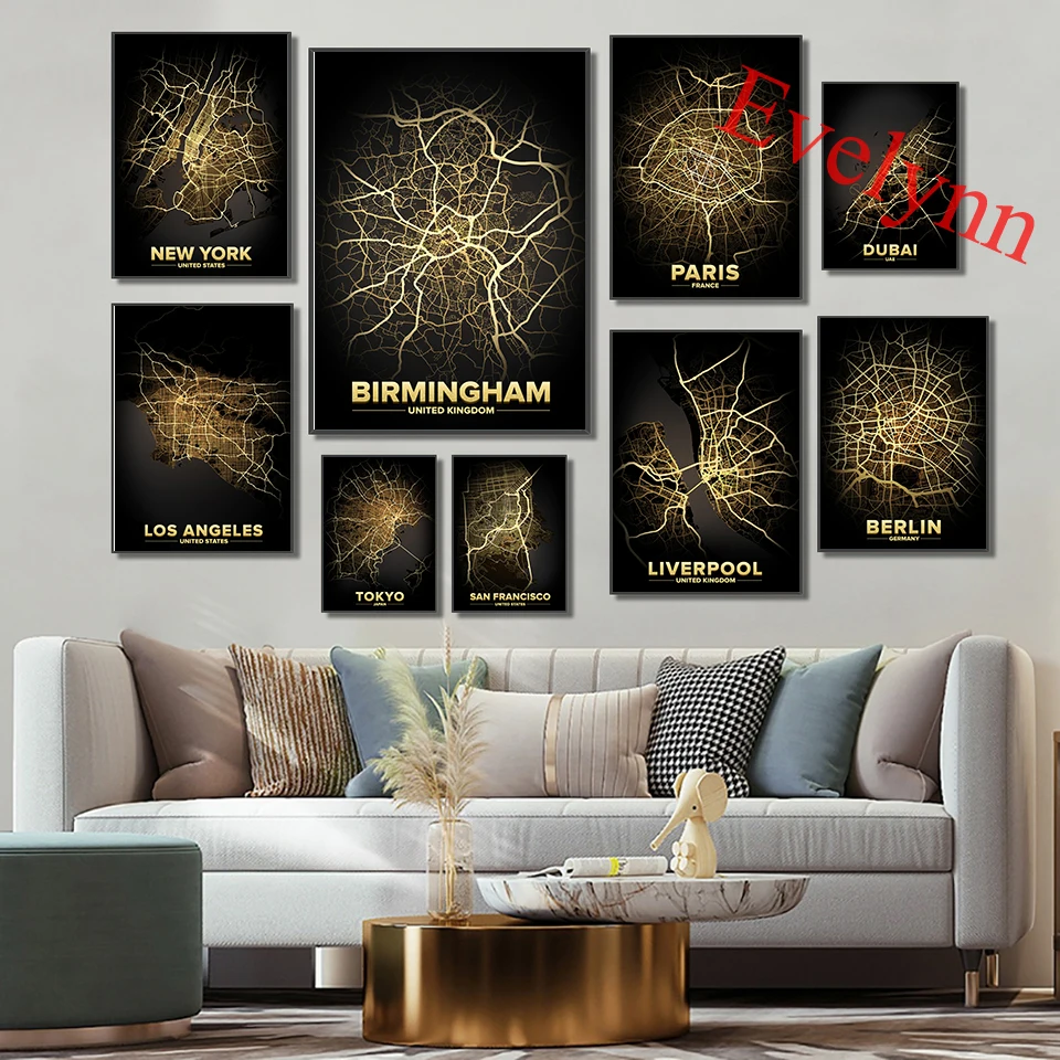 

City Lights Map Poster Liverpool San Francisco Paris New York Los Angeles Dubai Birmingham Tokyo Berlin Wall Art Decor Prints