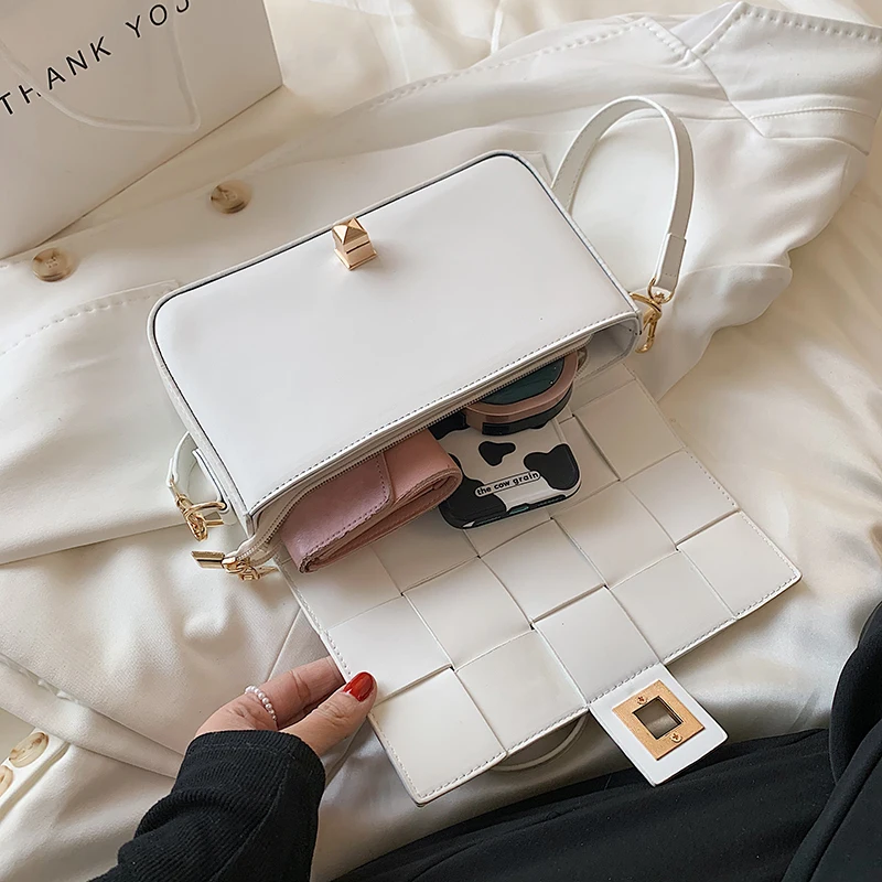

Small Leather Weave Shoulder Bags for Women Simple Square Messenger Bag Ladies Casual Flap Crossbody Bag Trending Weave Handbags