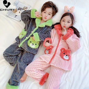 Kids Flannel Pajama Sets Boys Girls Autumn Winter Thicken Warm Cute Home Wear Children Lapel Long Sleeve Sleeping Clothing Sets