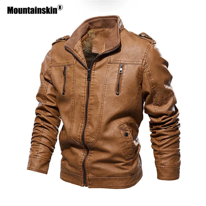 Мужская куртка из ПУ кожи Mountainskin повседневная однотонная приталенная на молнии с