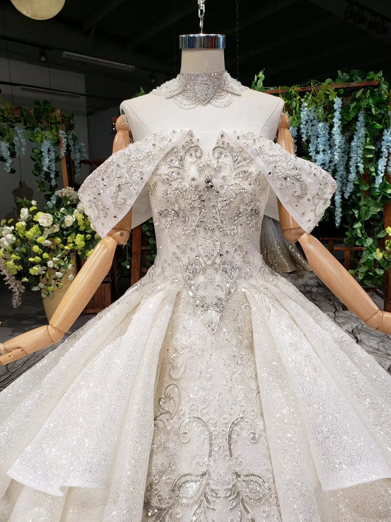 HTL988 vestido de noiva, свадебные платья принцессы, блестящее свадебное платье с открытыми плечами, воротником из бисера, цепочкой, королевским шлейфом, trajes de novia