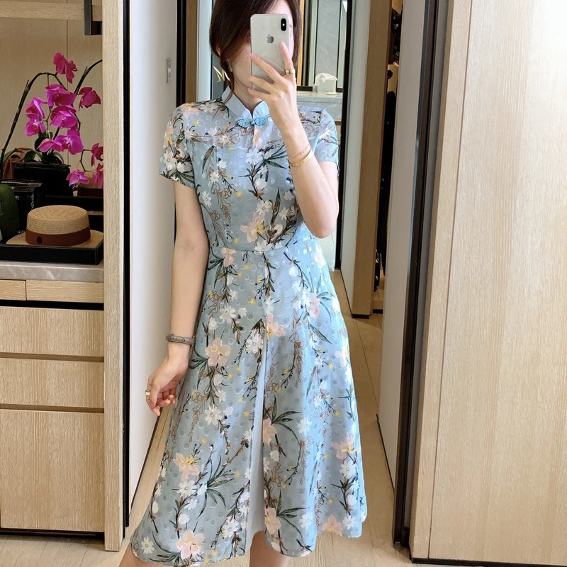 

New Fashion Summer Cheongsam Style Print Dress Women