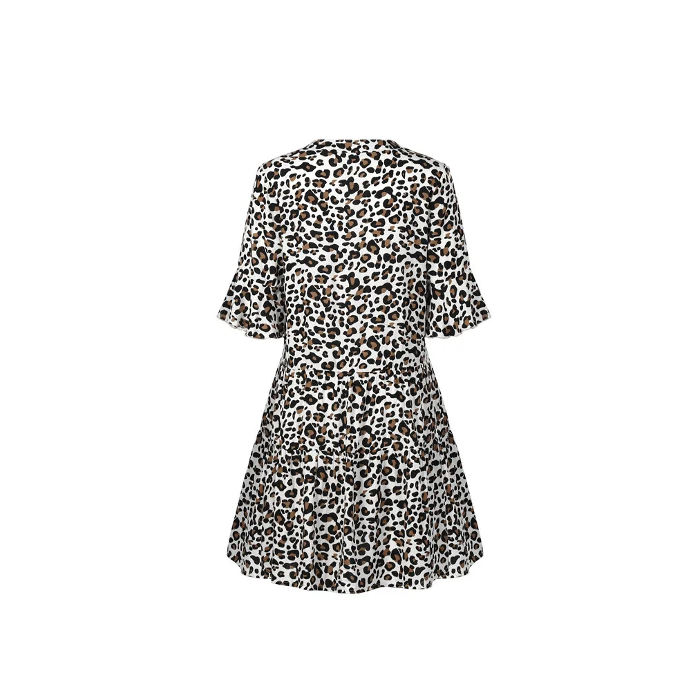 

2021 Women's V-neck Lace-up Leopard Print Flower Print Stitching Loose Dresses Fashion Lotus Sleeve Casual A-Line Pullover Dress