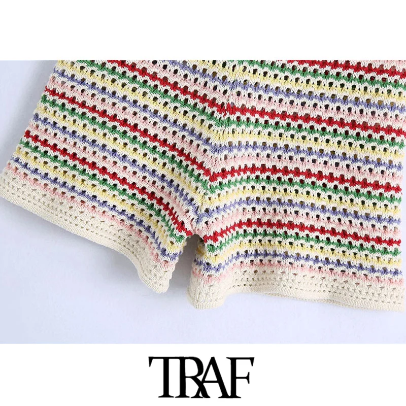 

TRAF Women Chic Fashion Striped Knitted Shorts Vintage High Elastic Waist Female Short Pants Mujer