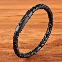 2021 new classic style men leather bracelet simple black stainless steel button neutral accessories hand woven jewelry gifts