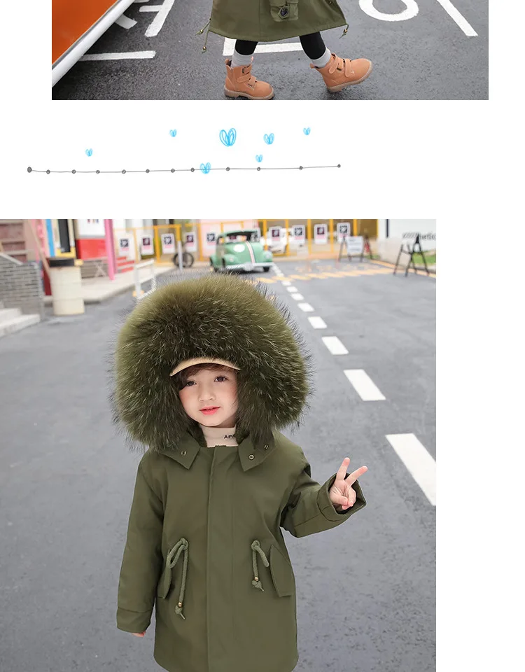 Army Green Coat Fur Jacket Girls Winter Clothes Rabbit Fur Kids Parkas Real Raccoon Fur Hooded Children Jacket For Girls TZ90