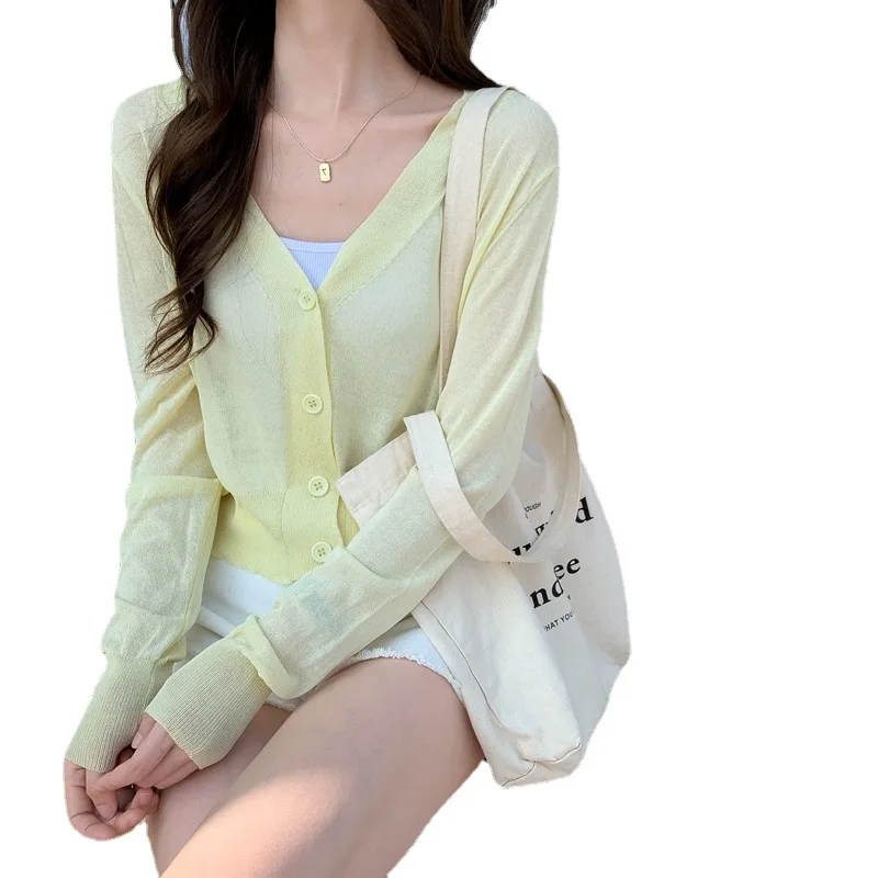 

2021 new V-neck knitted cardigan women's summer short long sleeve sunscreen shirt thin simple versatile top coat