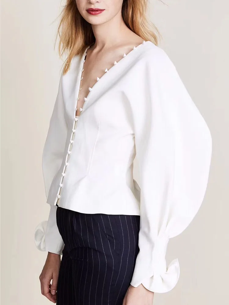 

WQJGR Fashion 2021 News White Blouse Women Tops Lantern Sleeve V Neck Fashion White Blouse Female Tops Loose