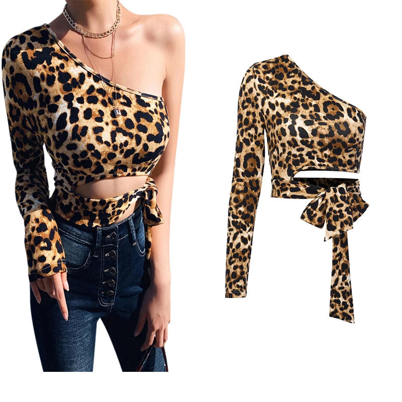 Женский леопардовый кроп топ на одно плечо с длинным рукавом|Футболки| |