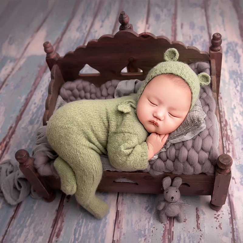 Newborn Photography Props Set Overalls Sleepy Hat Bebe Knit Sleeved Outfit Baby Photo Wrap Foot Shoot Romper Pajamas Accessories