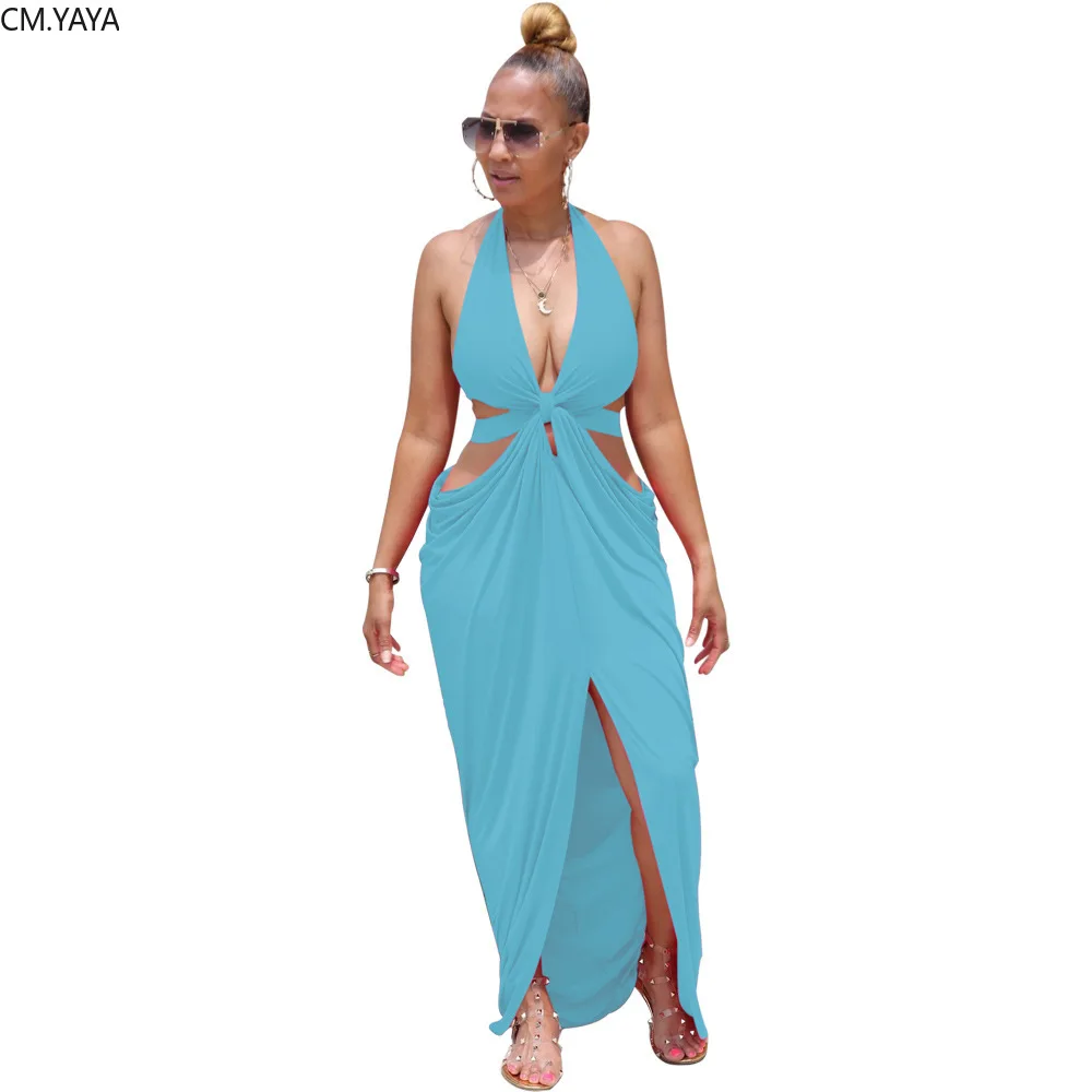 CM.YAYA Women Halter V-neck Open Back Split Irregular Maxi Dress Sexy Party Club Floor Length Beach Long Dresses Vestidos | Женская