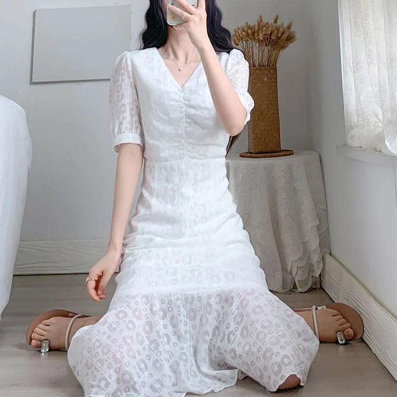 2021 Summer Midi Dress Korean Elegant Casaual Evening Party Design Slim Fairy Dresses Female Women Folds V-Neck One-Piece Dress