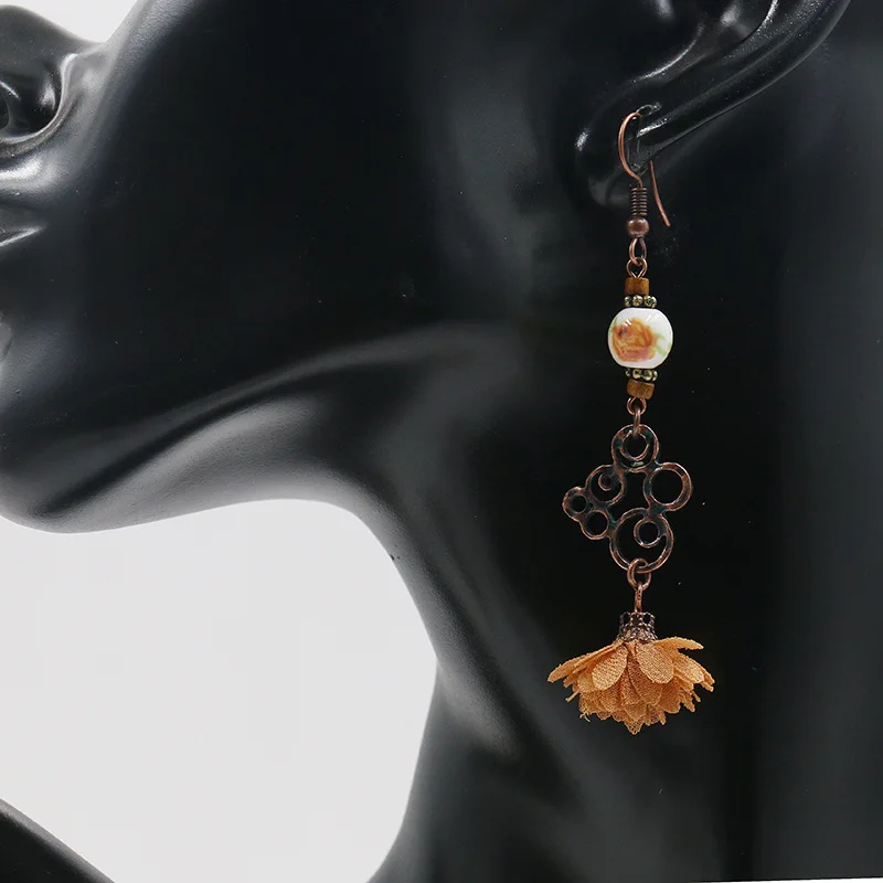 

Best selling flower earrings Korean style simple earrings female creative ceramic accessories long fabric lace earrings