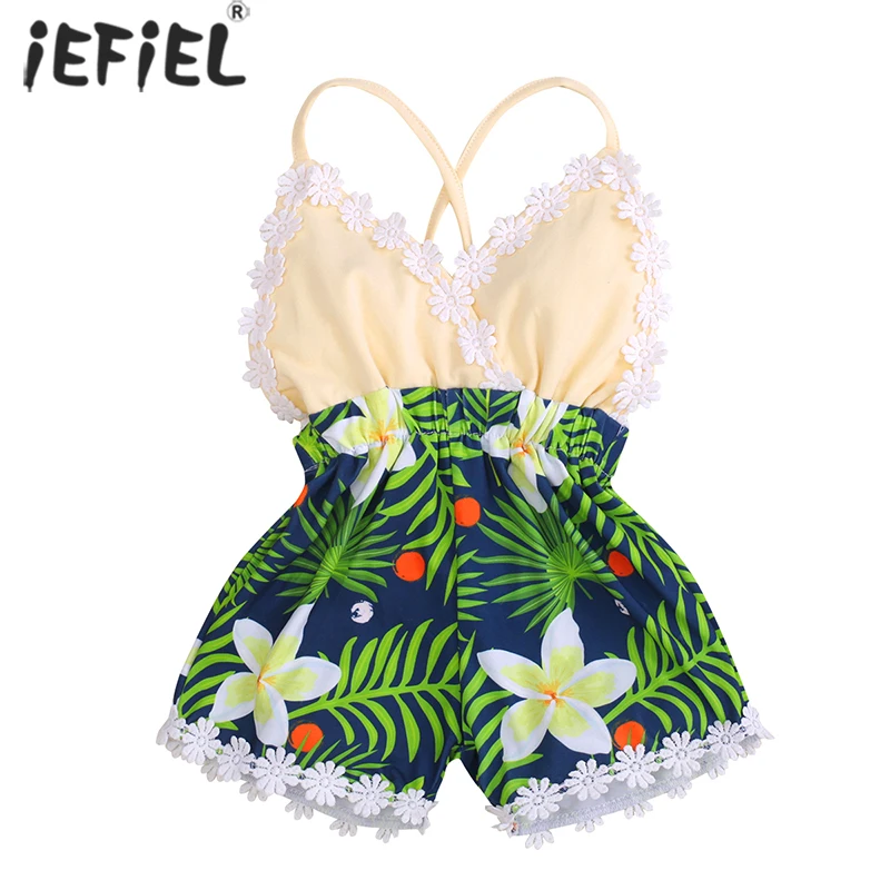 

Комбинезон хлопковый для девочек, повседневный цельный комбинезон с цветочным принтом, на бретельках, с V-образным вырезом, комбинезон для м...