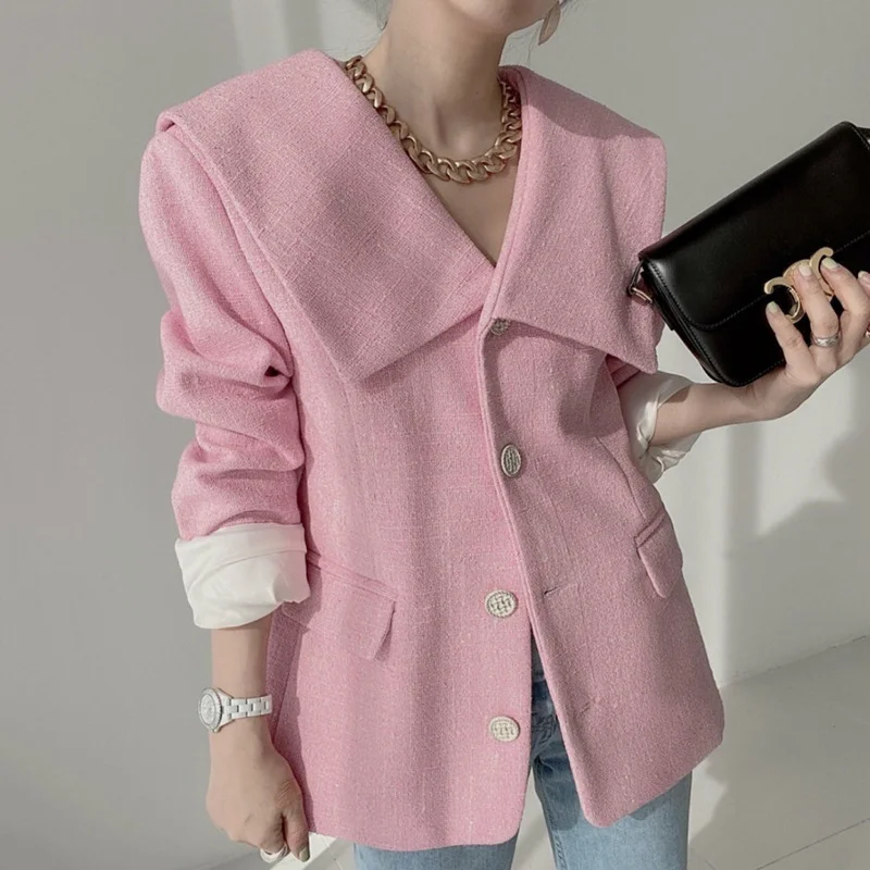 Корейский шикарный женский пиджак осенний темно-синий однобортный свободный