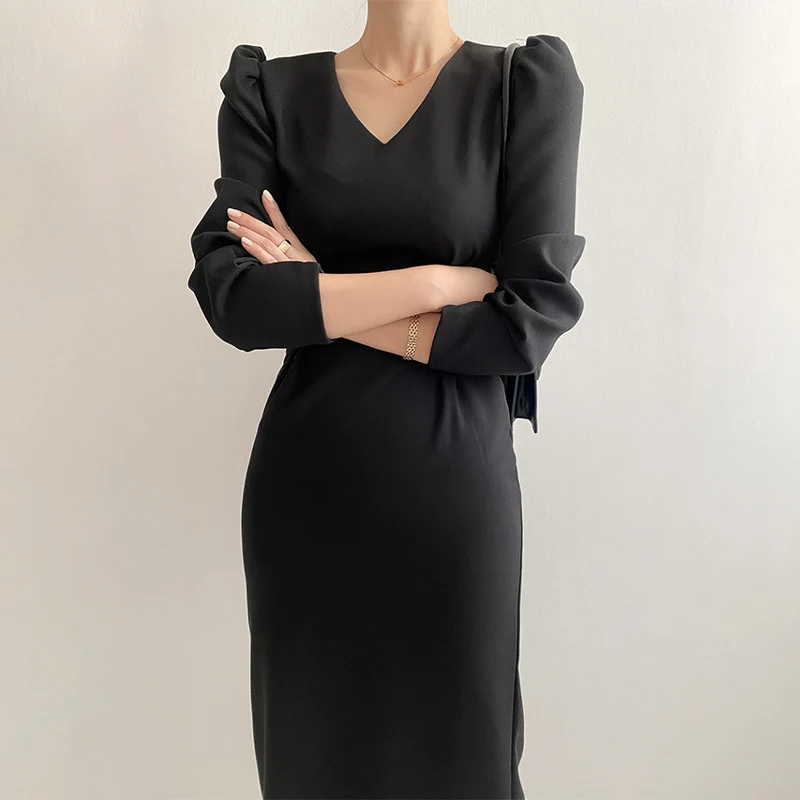 

V-neck Solid Puff Sleeve Elegant Women Long Dress Split Pleated Tunic Slim Mid-calf Female Dress 2021 Spring Office Lady Clothes