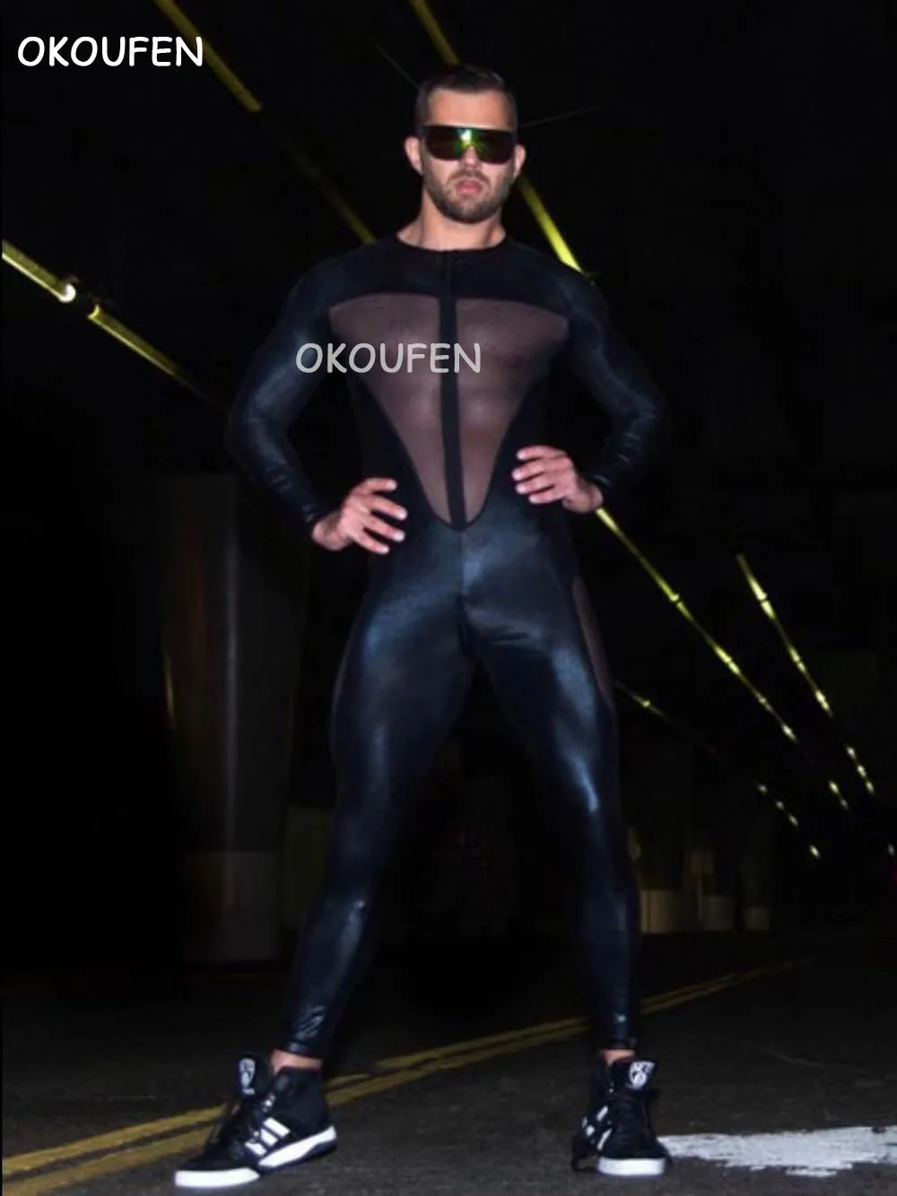 Новый сексуальный ночной клуб Мужской певец DS черный сетчатый прозрачный боди WP