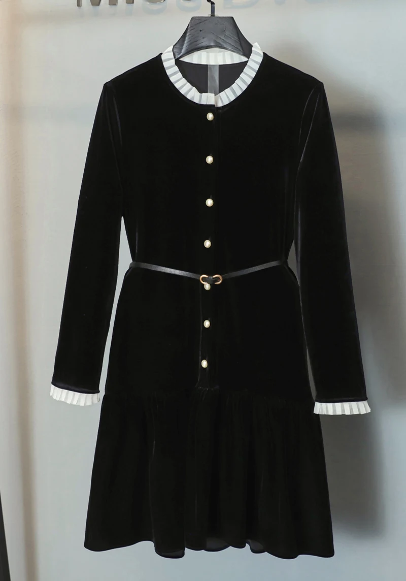 

Черное бархатное кружевное платье с круглым вырезом и поясом, модное простое и Элегантное зимнее универсальное тонкое плиссированное платье средней длины в стиле ретро