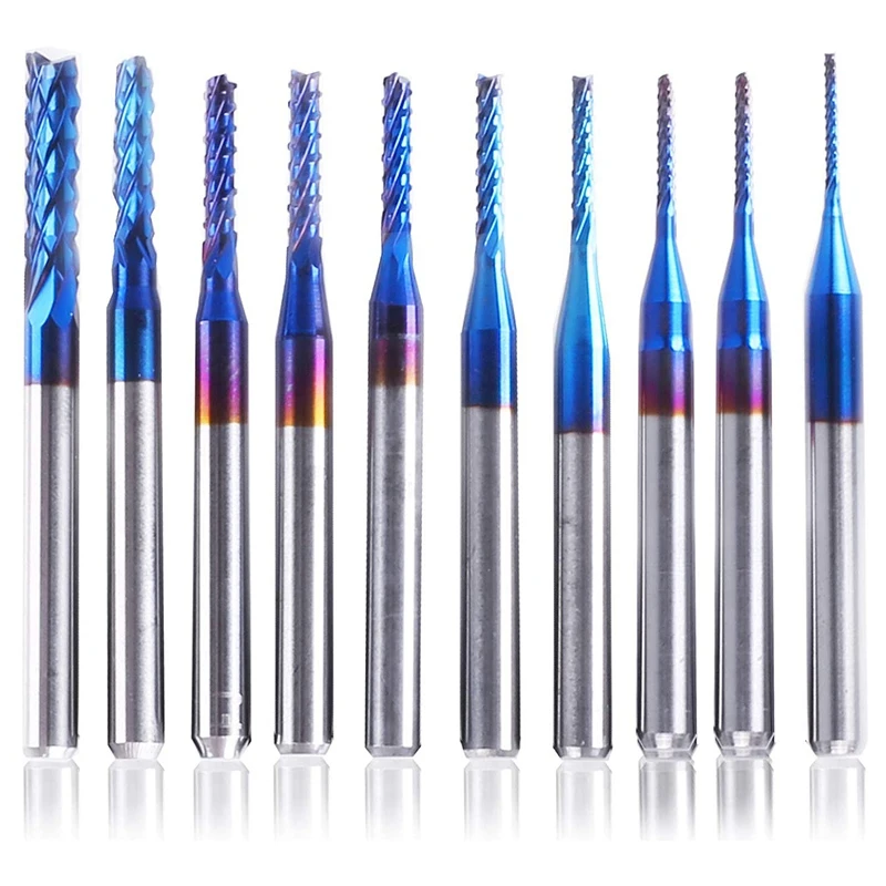 

New 10 Pcs Nano Blue Coat End Mill CNC Router Bits PCB Milling Cutter 0.8-3mm 1/8 Inch Shank Engraving Bit Rotary Burrs