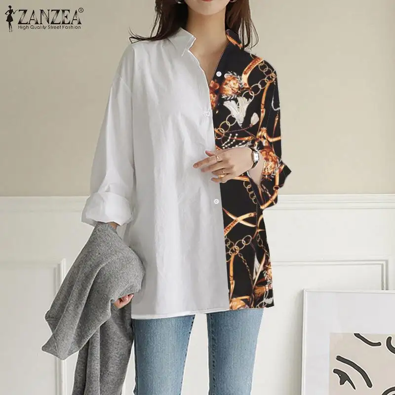 

Kaftan Stylish Printed Women OL Blouse Patchwork Shirts ZANZEA 2022 Spring Summer Long Sleeve Tops Casual Solid Oversized Blusa