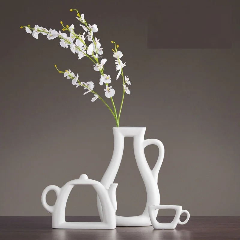 

3 PCS/SET NORDIC SIMPLE MODERN VASE DECORATION LIVING ROOM STUDY DECORATION CABINET CERAMIC VASE FLOWER TEAPOT VASE R1784