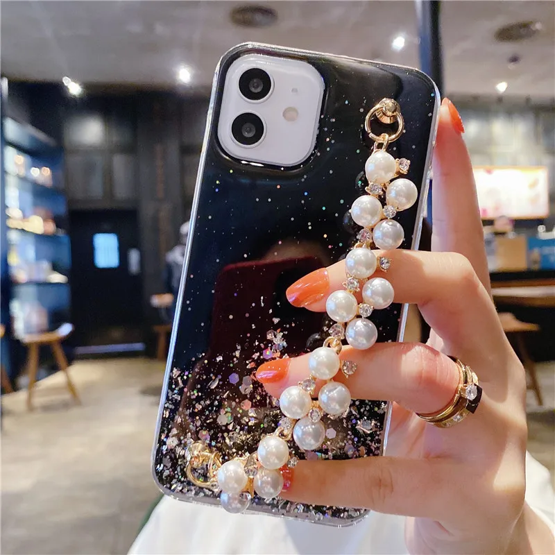 

Fashion Pearl Bracelet Soft TPU Glitter Cover Phone Case For Samsung Galaxy A72 A52 A42 A32 A12 5G S21 S20 Plus Ultra Back Capa