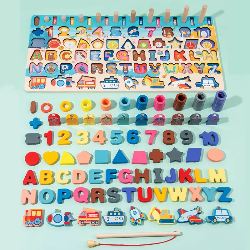 

Montessori Baby Wooden Educational Toys Hobby Geometric Shapes Digital Cognition Matching Fishing Children Math Toys Number