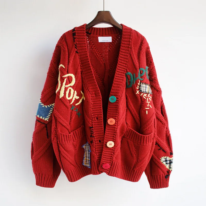 

Womens Fashion Cardigan Warm Knitted V Neck Sweater Jacket Pocket Letter Embroideried Cardigans Coat Loose Sweaters for Women