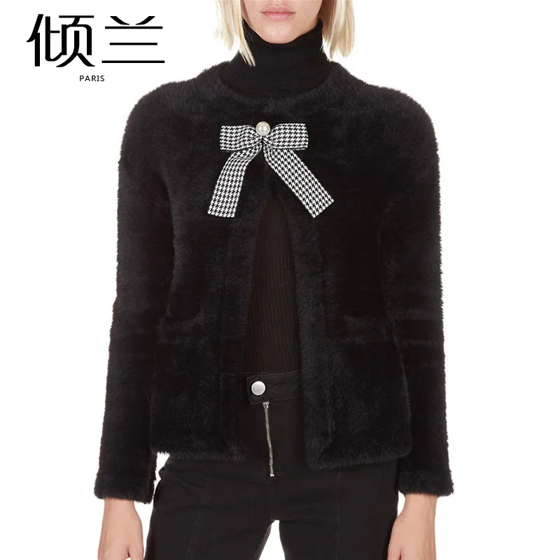 Patads French women's clothing autumn and winter celebrity wind bow decoration fur coat Madame