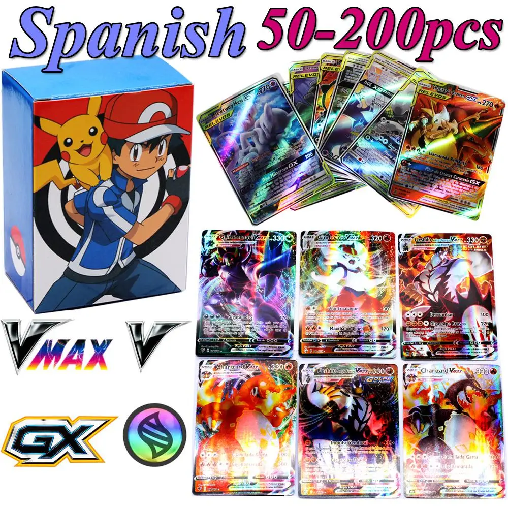 Карты Pokemon в испанском стиле 50-200 шт. GX VMAX V Trainer энергетические Сияющие карты игра