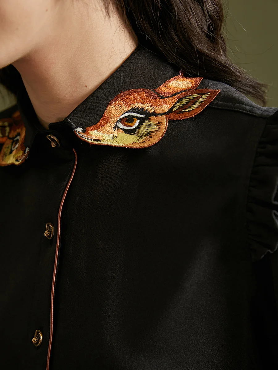 

LYNETTE'S CHINOISERIE Spring Autumn Original Design Women Exquisite Deer Leaves Embroidery Color Contrast Shirts/Blouses