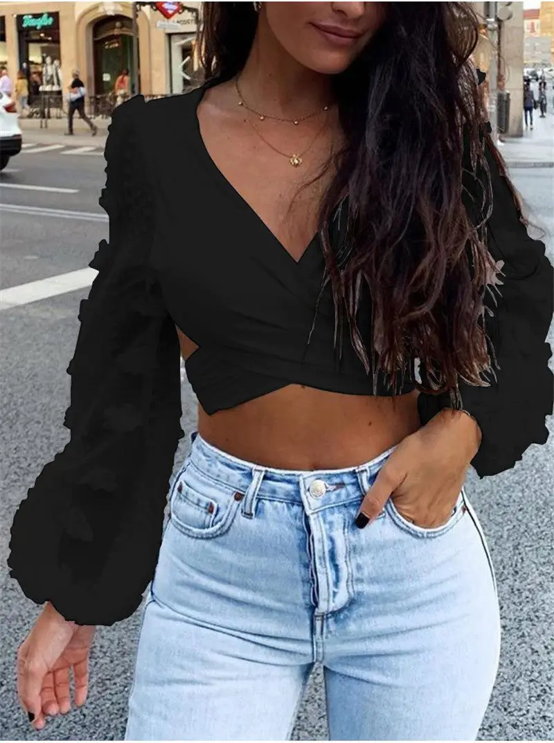 

Fashion Sexy Womens Tops and Blouses Elegant Backless Mesh Polka Dot Long Sleeve Shirt Bandage White Crop Top Party Streetwear