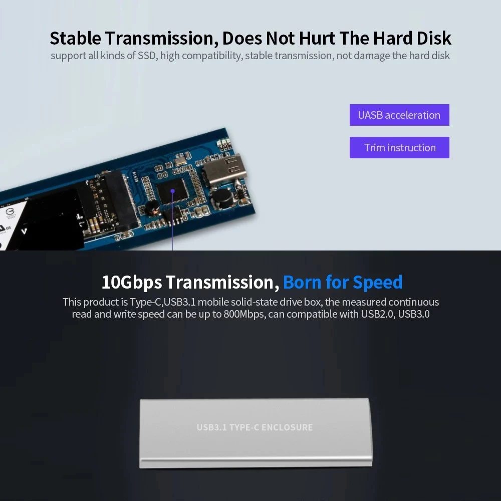 

M.2 NVME Solid State Drive Box USB3.1 Type-C Mobile External Box Aluminum Alloy Shell High Speed Transmission SSD Adapter Box