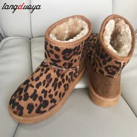 women winter snow boots warm flat plus size platform leopard boots womens shoes new flock fur suede ankle boots female
